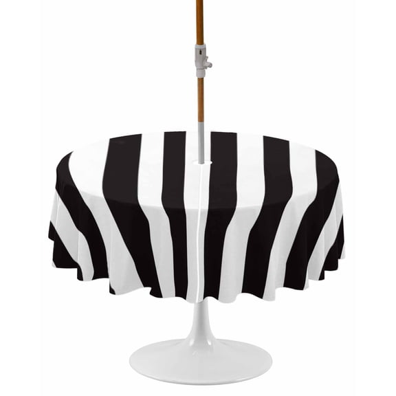 Simple Black White Stripes Round Outdoor Tablecloth, Waterproof Table Cloth Cover with Umbrella Hole and Zipper, Modern Stripes Table Protector for Patio Party Picnic 54" Round