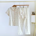 thumbnail image 2 of Wang6 Women's Cotton Pajamas Sets 3 Pieces Soft Long Sleeve Button Shirts Elastic Waist Shorts Wide Leg Pants Loose Fit Floral Printed Sleepwear Loungewear Pjs Sets Pink XXL, 2 of 7