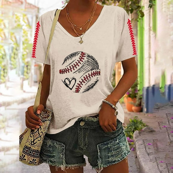Women's Short Sleeve T-shirt Women'S Baseball Festival Solid Color Baseball Printed V Neck Short Sleeved Top,Yellow Women's Short sleeve T-shirt S