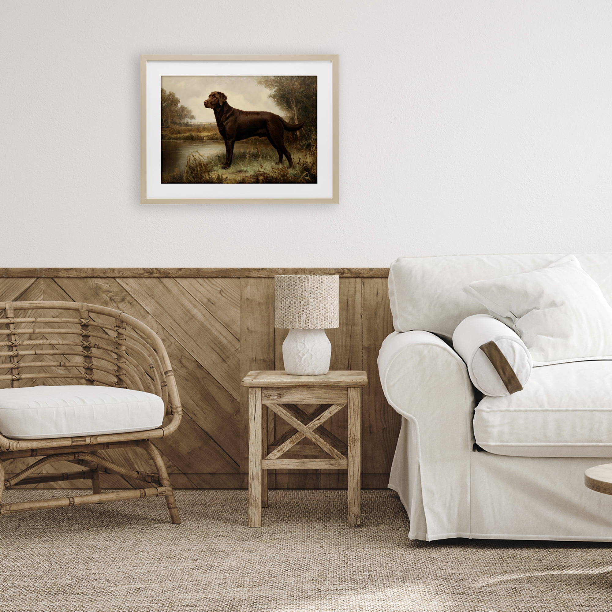 Stupell Industries Brown Lab By The River Birch Framed Print Under Glass, design by Petal Prints Design
