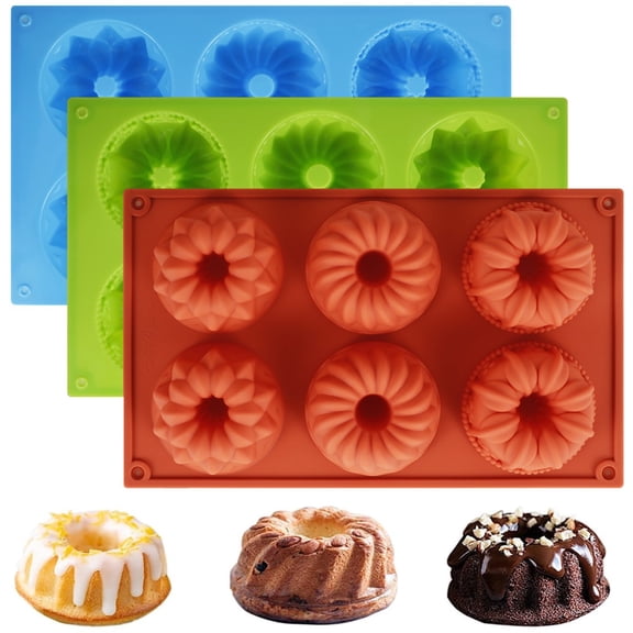 3Pcs Mini Bundt Cake Pans for Baking, 6-Cavity Silicone 2.95" Fluted Tube Pan, Non-Stick Dessert Molds, NUAHRHY