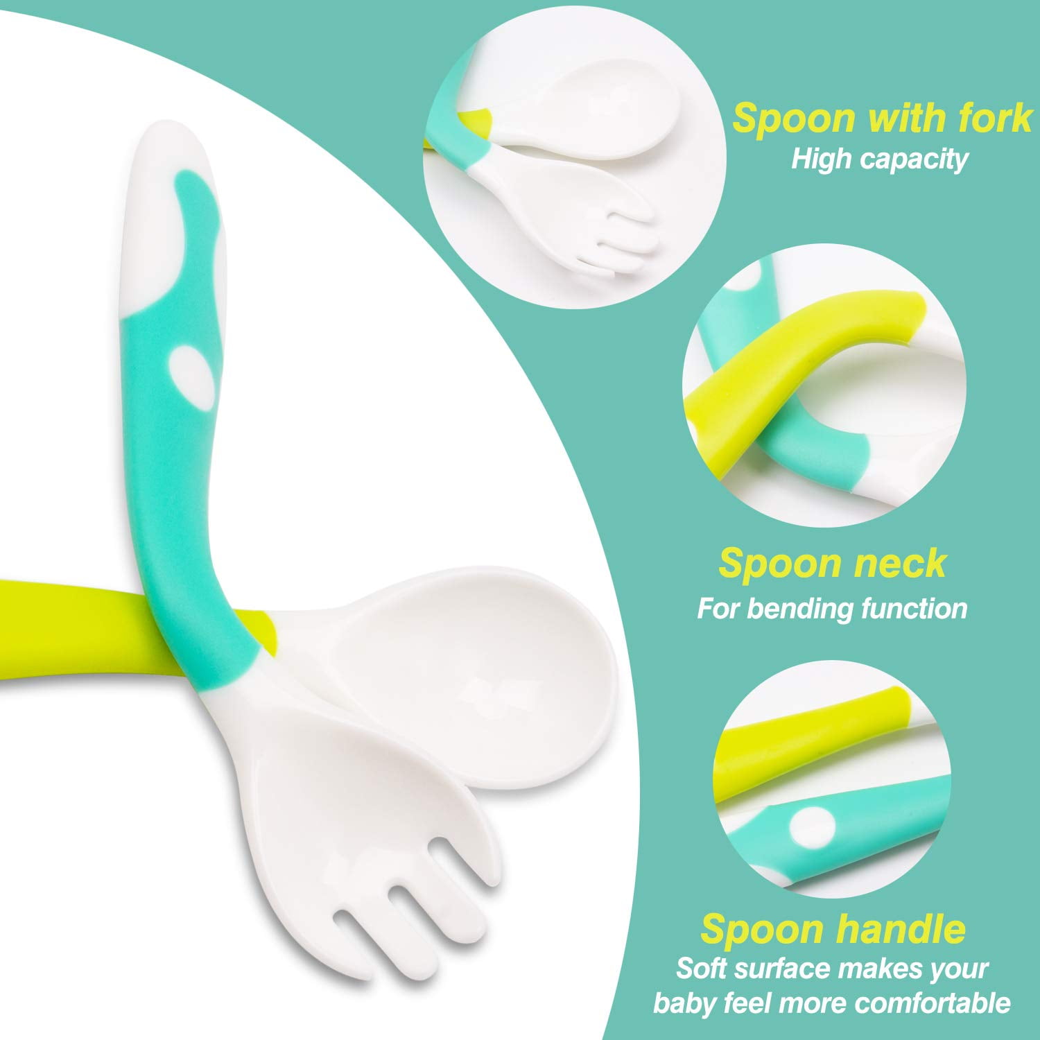 Self Feeding Training Spoon Fork Set Baby Utensils Spoons with Travel