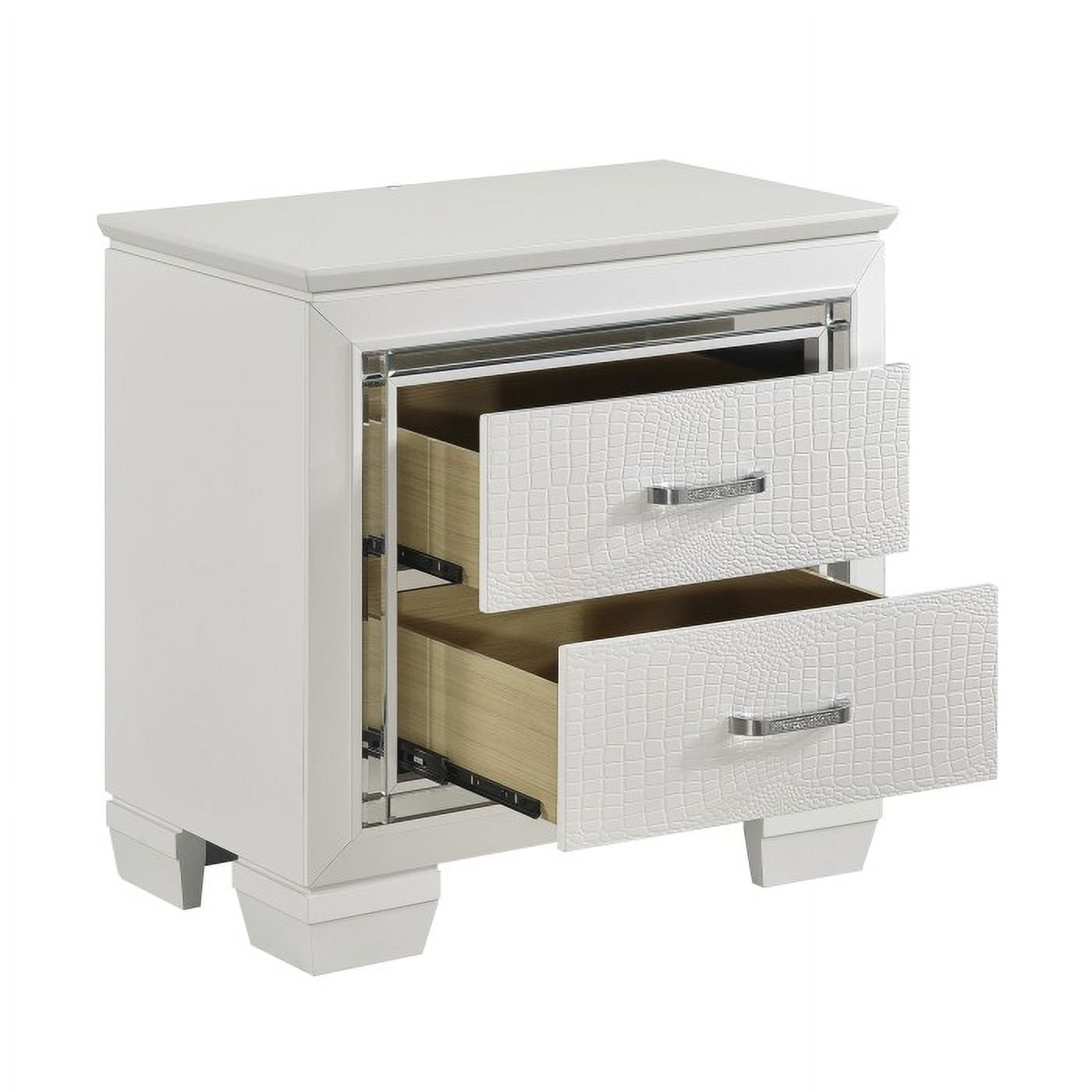 Allura Collection Glamorous White Nightstand with Beveled Mirror Accent, Alligator Embossing, and Crystal-Enhanced Hardware