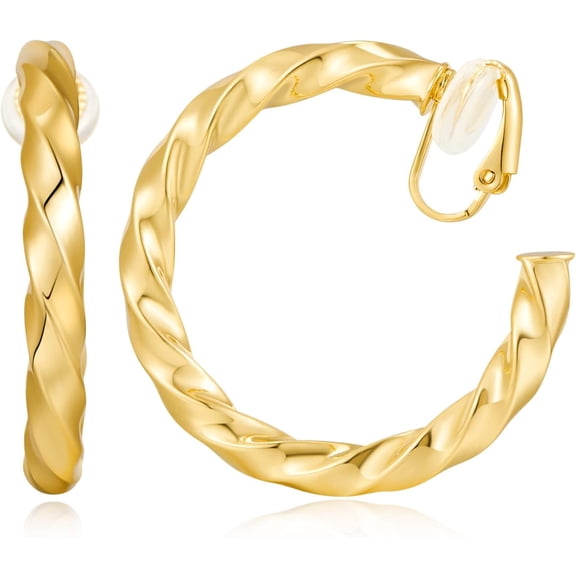 Gold Clip On Hoop Earrings for Women - Classic Large Chunky Hoops - Non Pierced Minimalistic Clip Earrings