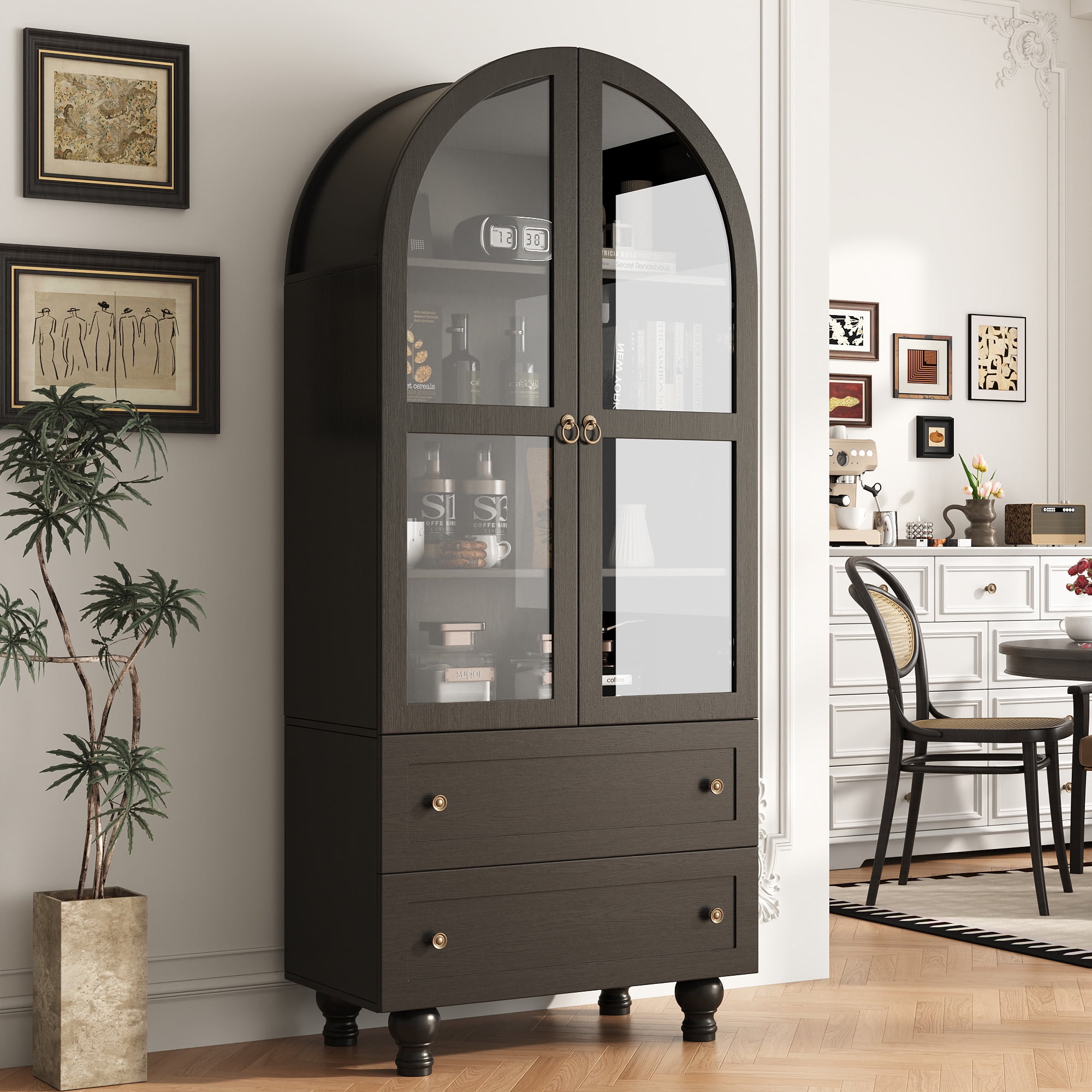 Arched Kitchen Pantry Cabinet & Display Cabinet with Glass Doors, 4 Shelves, 2 Drawers, Solid Wood Legs, 71 inches in Height, Suitable for Kitchen, Bedroom and Living Room, for Easy Storage