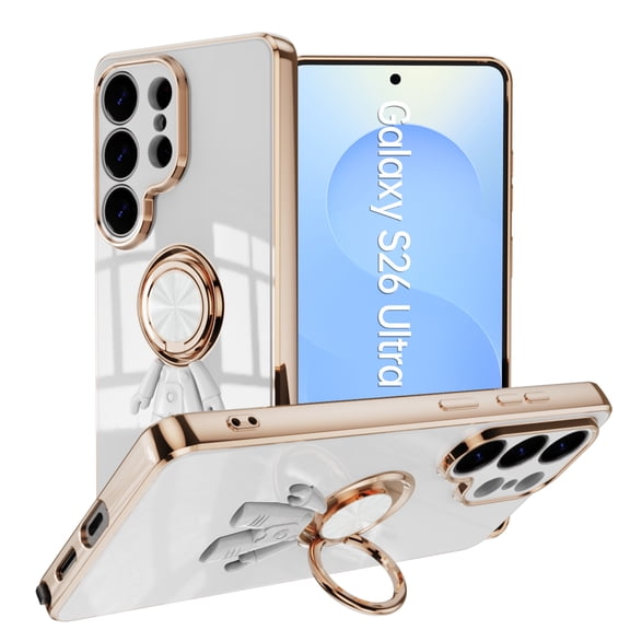 Case for Samsung Galaxy S26 Ultra, Luxury Astronaut Ring Hoder Stand Plating Ultra Slim Support Magnetic Car Mount Drop Protective Phone Case Cover for Samsung Galaxy S26 Ultra, White
