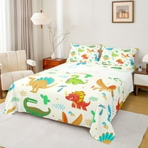 jejeloiu Colorful Dino Queen Sheet Sets,Jungle Dinosaur Flat Sheet,Wild Animals Queen Fitted Sheet For Boys Girl,Microfiber Bedroom Decor,4 Pieces