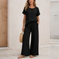 thumbnail image 6 of Summer Vacation Two Piece Outfit Women Embroidery Short Sleeve Tops Wide Leg Pants Lightweight Casual Travel Set Black M, 6 of 8