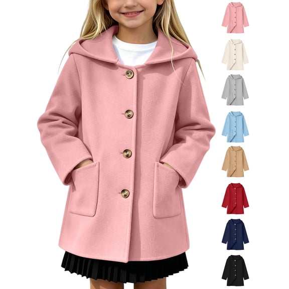 Girls Hooded Woolen Mid-Length Coat Zaewscy Children's Winter Solid Color Woollen Overcoat Long Sleeve Hooded Casual Outwear Pockets Jackets Kids Pink 6-7 Years