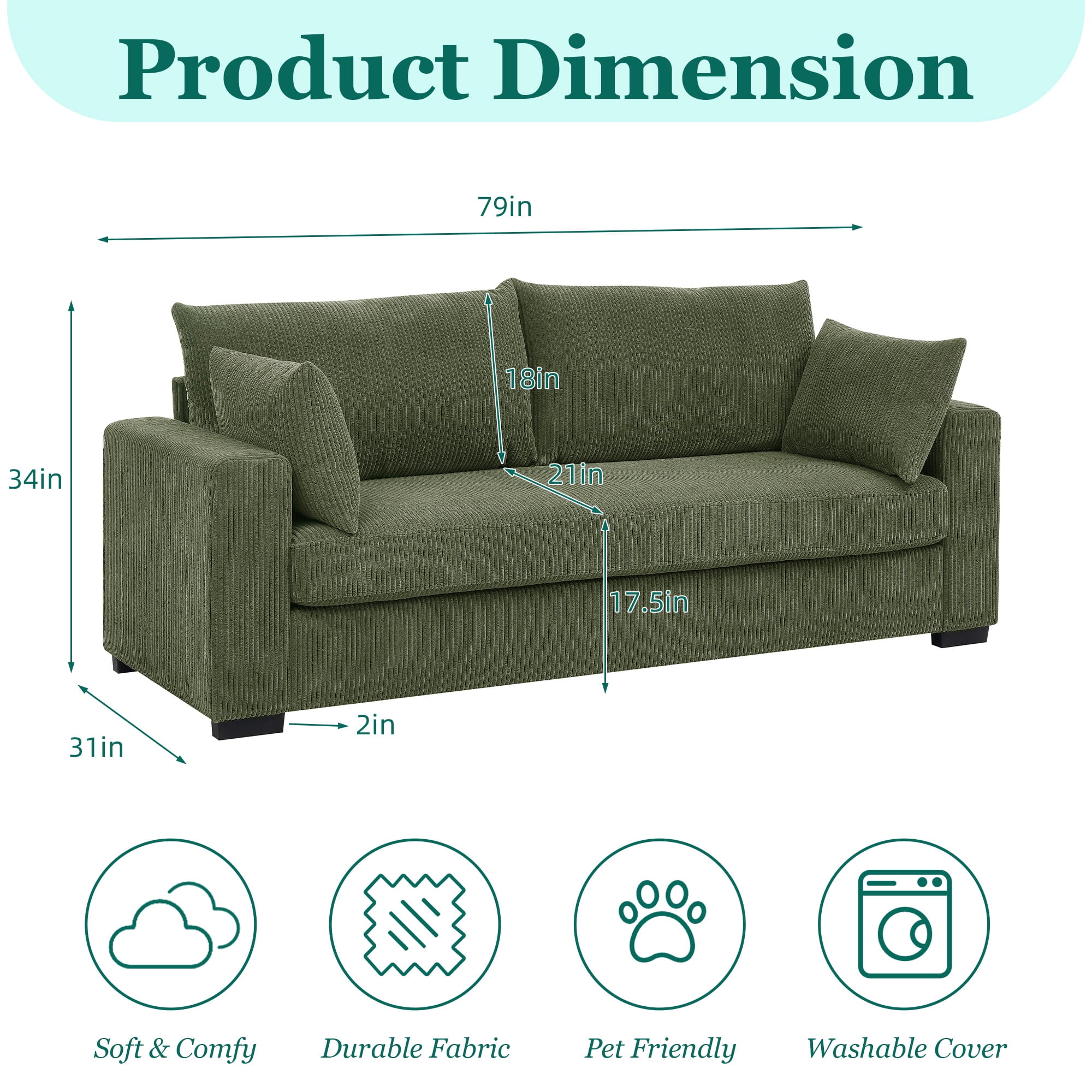 MOONMISS 79" Corduroy Sofa,3 Seater Sofa with Extra Deep Seats,Comfy Upholstered Couch for Living Room,2 Pillows,Green