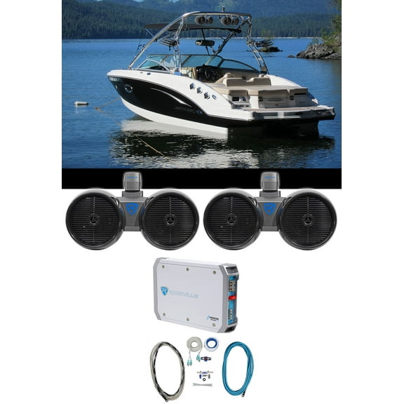 2) Rockville Dual 8" 800w Wakeboard Tower Speakers 2-Channel Amplifier Amp Kit