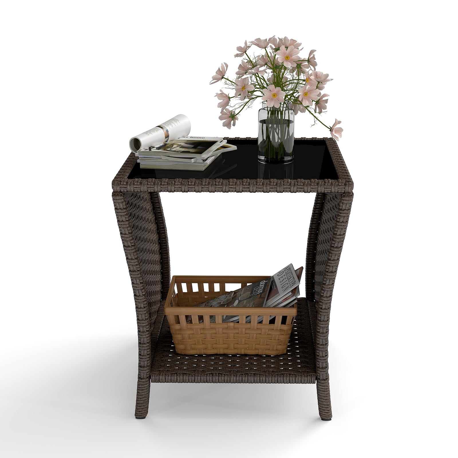Kinsuite PE Rattan Patio Side Table - Outdoor Wicker End Table with Black Glass Top, Rattan Coffe Table in Iron Frame for Backyard Balcony Poolside, Dark Brown