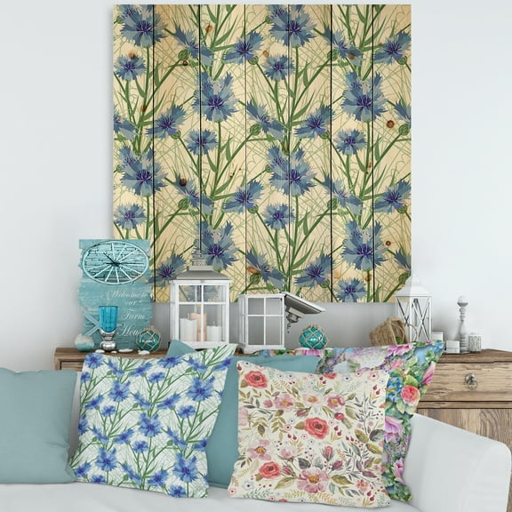 Designart 'Blue Cornflowers With Green Leaves On White I' Traditional Print on Natural Pine Wood