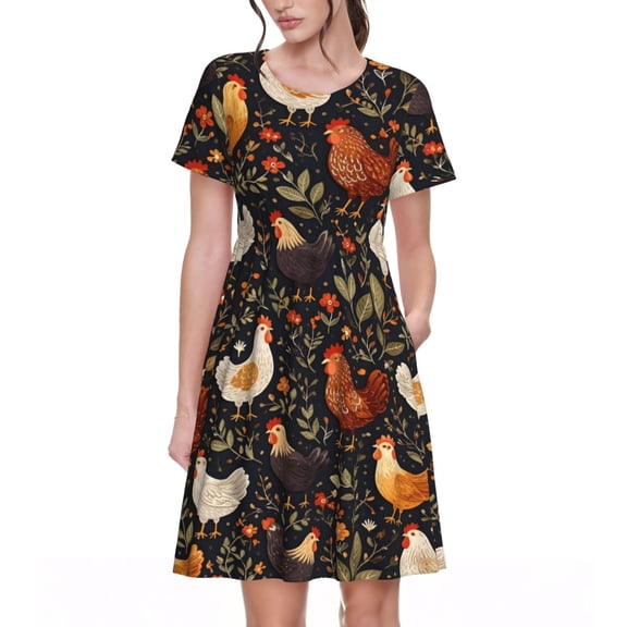 Rustic Chicken And Floral Women's Dresses Short Sleeve Nightdresses for Summer