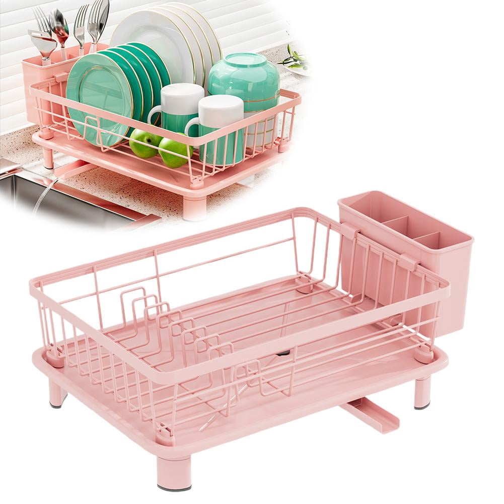 QHUDLV Pink Dish Drying Rack, Dish Drainer Rack with Drip Tray, Sink Dish Drainer with Drainage Spout, Stainless Steel Dish Drying Rack with Cups, for Mom Grandma Wife Kitchen Enthusiasts