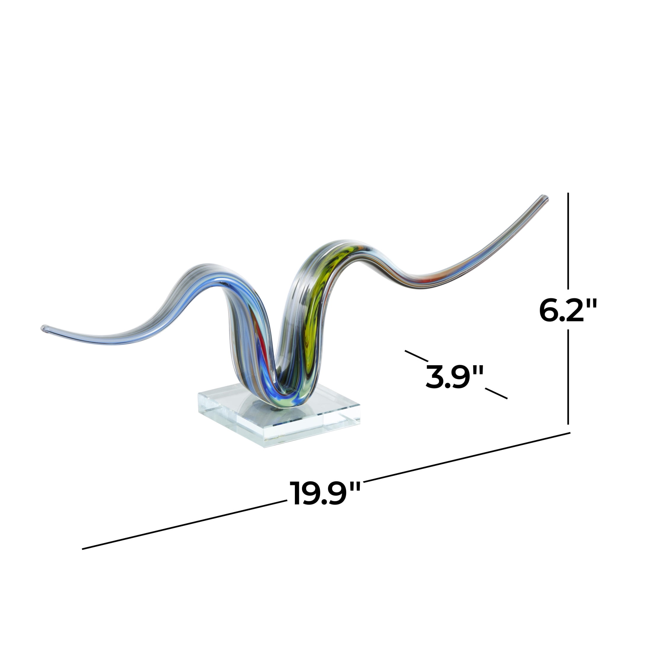 20" x 6" Multi Colored Glass Wave Abstract Sculpture with Clear Base, by DecMode