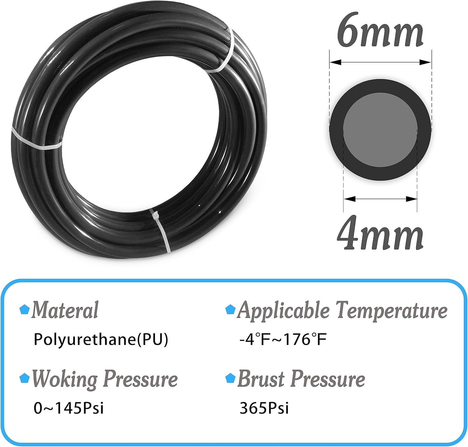 MKEUDQ-Pneumatic Tubing 6mm OD PU Air Tubing Pipe Hose Black Air Compressor PU Line Hose Tube For Air Tubing Or Fluid Transfer 10 Meter 32.8 Feet (6mm x 32.8Ft)