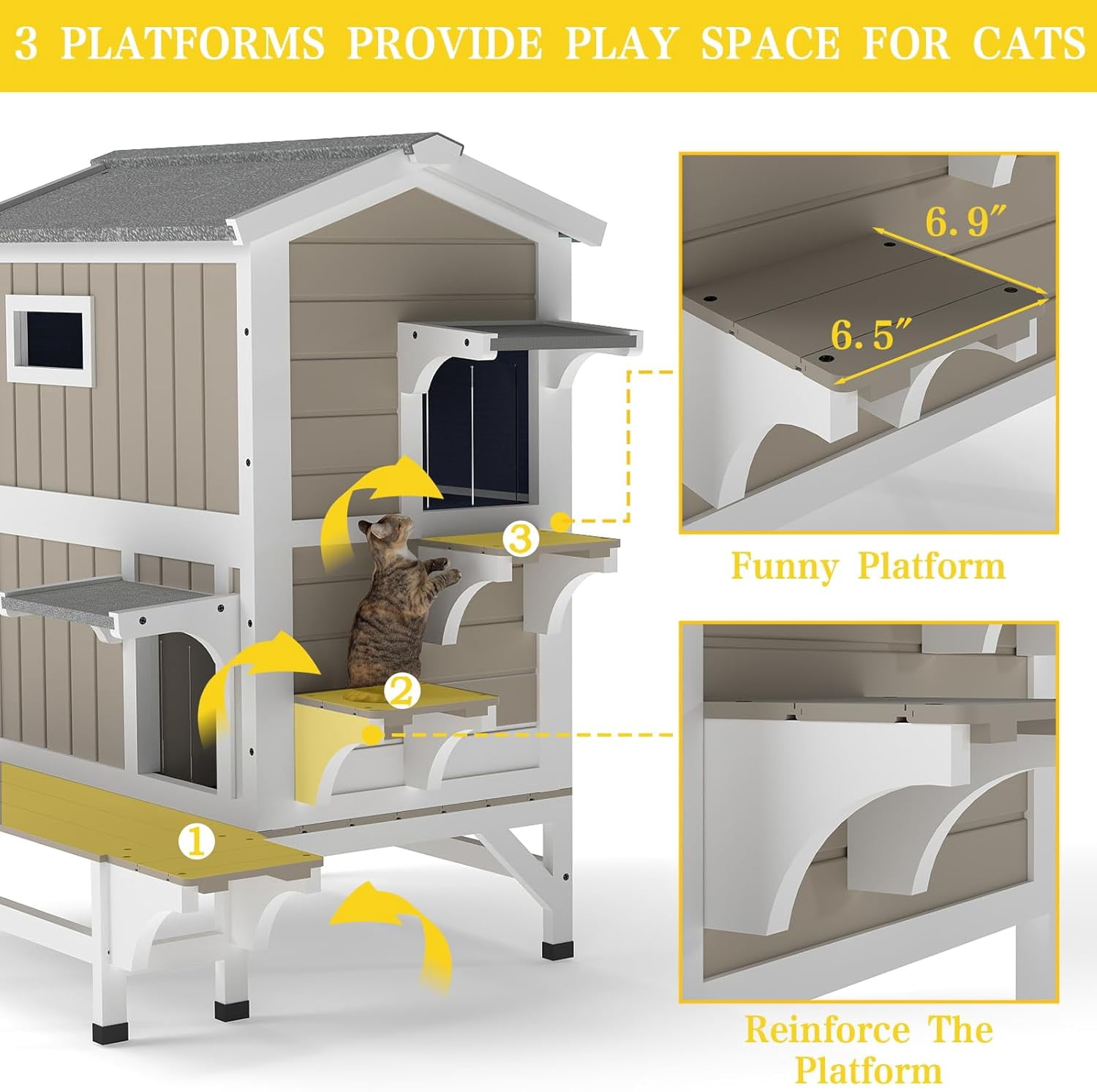 Petsblublu Insulated Outdoor Wooden Two Story Cat House Weatherproof Cats Shelter with 3 Jumping Platforms, Grey