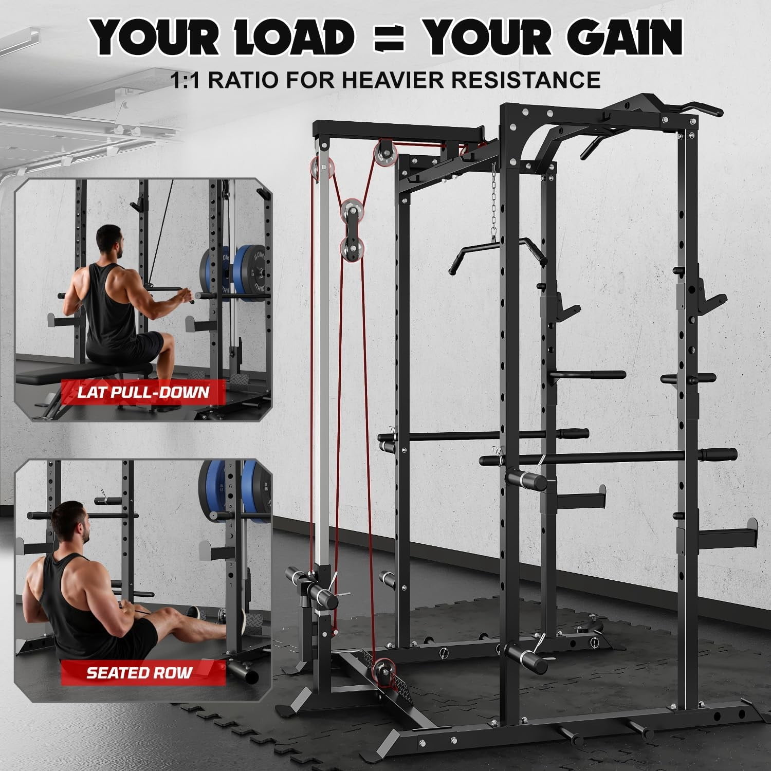 Power Cage, 2000LBS Squat Rack with LAT Pulldown, Multi-Function Weight Cage Strength Training Machine, Workout Cage with More Attachments for Home Gym Garage