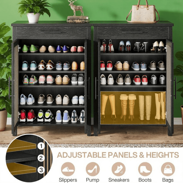 Entryway Shoe Cabinet with 5 Storage Tiers & Large Drawer, 2 Louvered Door Organizer Holds 20 Pairs, Farmhouse Style MDF Construction w/ Anti-Tip
