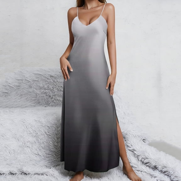 Women's Ombre Gradient Maxi Dress Spaghetti Strap V Neck Sleeveless Backless Side Split Flowy Long Sun Dress Elegant Evening Party Night Out