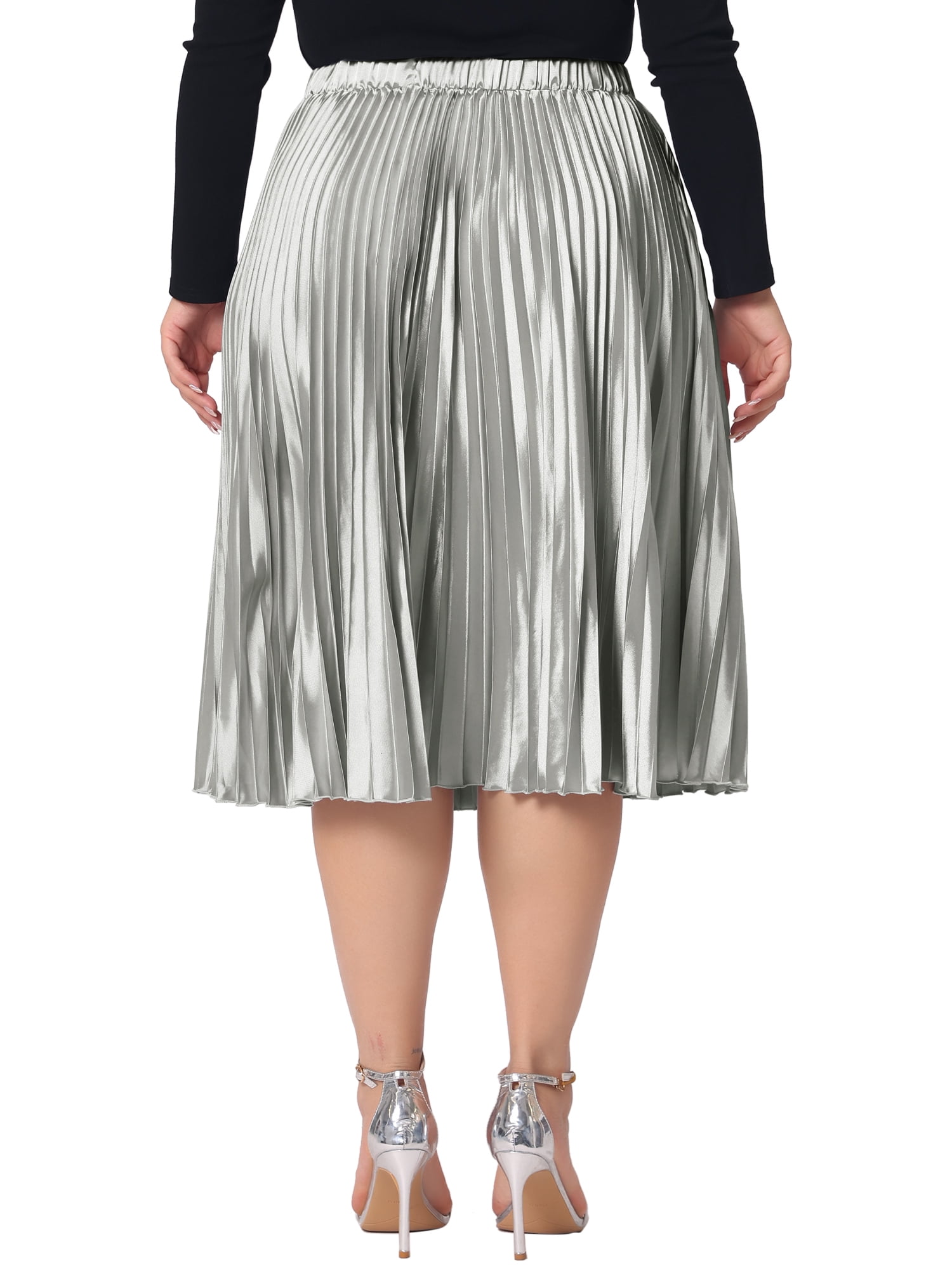 DARING DIVA Women's Plus Size Elastic High Waist Metallic Pleated Skirt 2X Silver