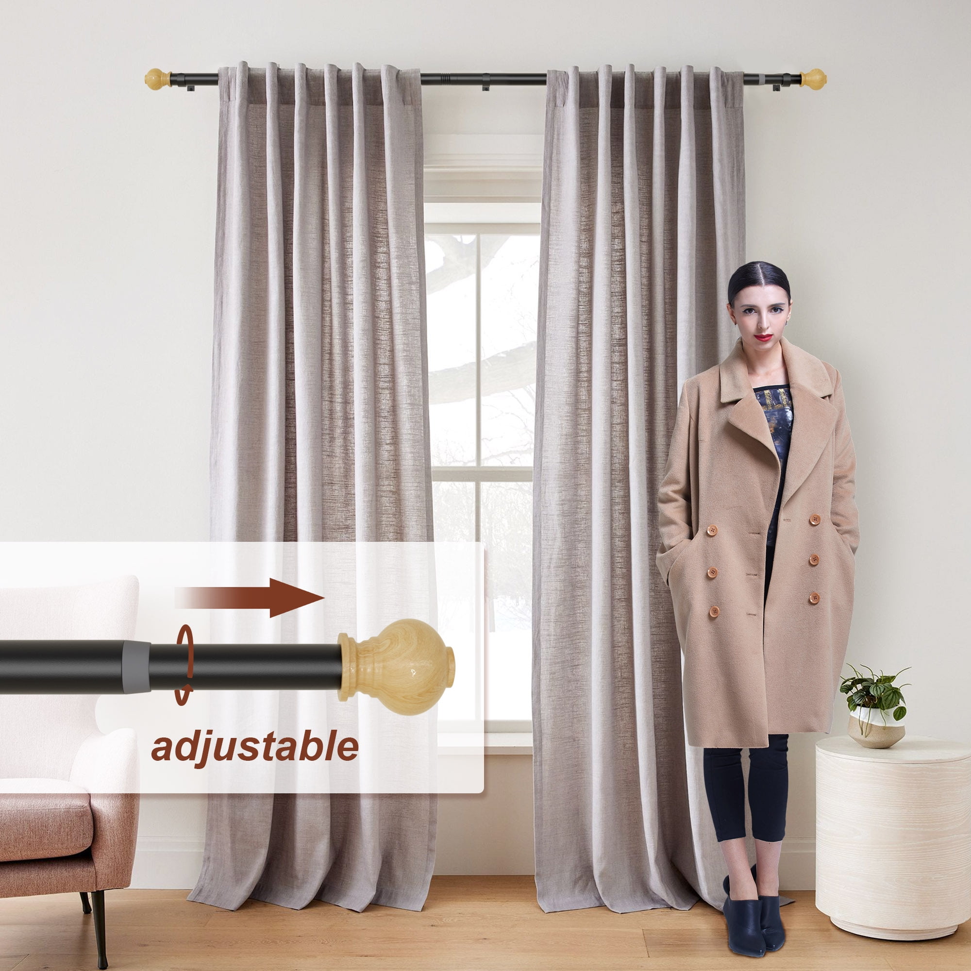 Curtain Rods for Windows 16 to 144 Inches, Adjustable 1 Inch Diameter Heavy Duty Curtain Rods with Wood Finials, Decorative Matte Black Drapery Rods with Brackets, Indoor/Outdoor Curtain Rod