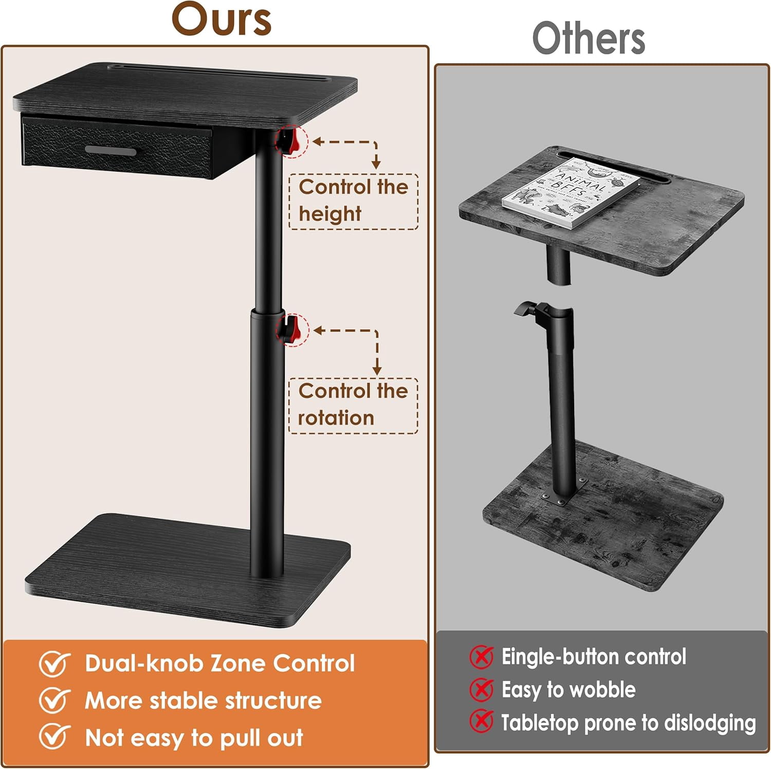 TV Tray Table with Swivel Top, Drawer, and Height Adjustment for Eating, Working, or as a Sofa Desk in Living Room or Bedroom