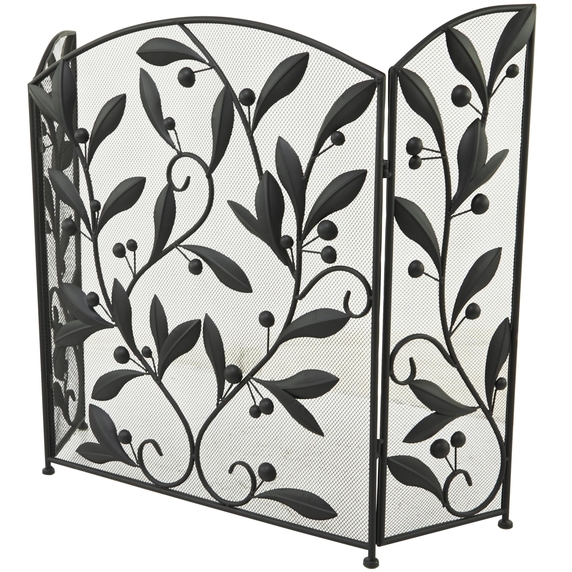 DecMode 45" x 30" Black Metal Foldable Mesh Netting 3 Panel Scroll Fireplace Screen with Leaf and Vine Relief, 1-Piece
