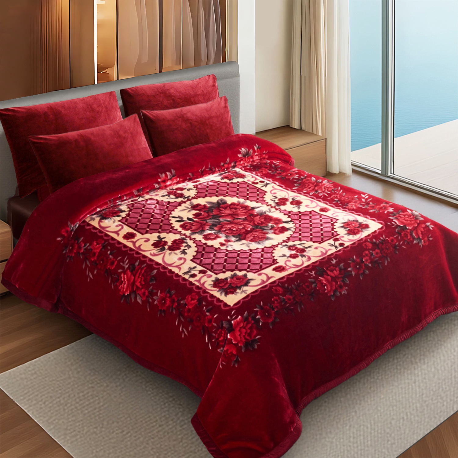 10lbs Heavy Thick A&B Pattern Blanket 2Ply Reversible - Thick Warm Plush Korean Style Bed Blanket, King Size Fleece Plush Blanket, Soft Winter Blanket For Adult 87" x 95", Burgundy Red Flower