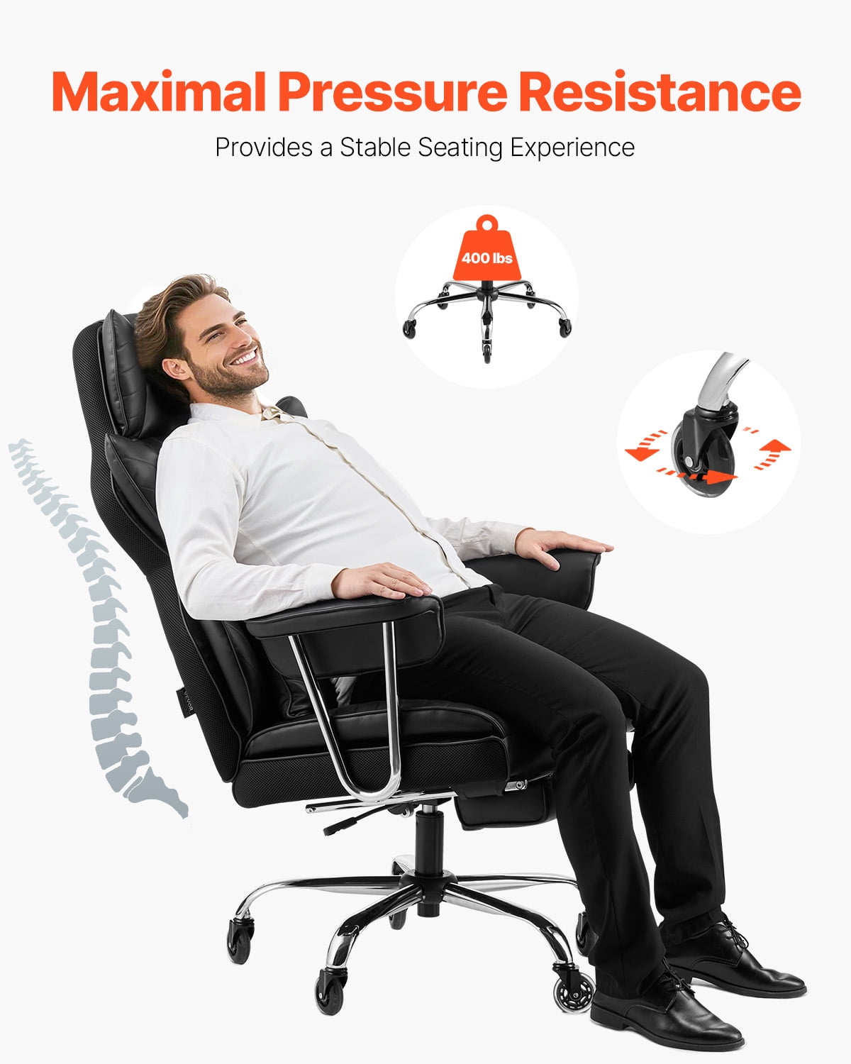VEVOR Executive Office Chair with Footrest, 400lb Capacity Office Chair with Lumbar Pillow & Removable Armrests, Heavy Duty Ergonomic Chair, PU Leather Reclining Home Office Desk Chairs, Black