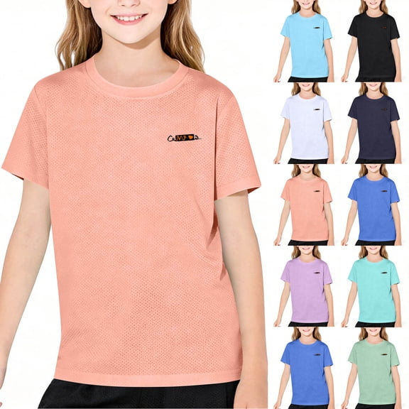 HAOTAGS Girls Athletic Shirts(2-18) Letter Print Short Sleeve Quick Dry T-shirts Sports Activewear Workout Tops Orange Size 8-9Years