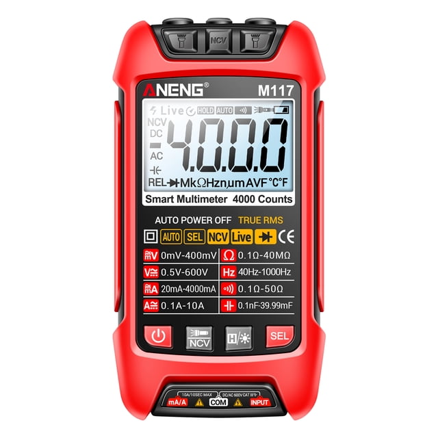 ANENG ANENG M117 Digital Multimeter - 4000 Counts Auto-Ranging True RMS Tester with Voltage, Current, Resistance, and NCV Detection Functions - High Precision Electrical Measurement Tool in Red -