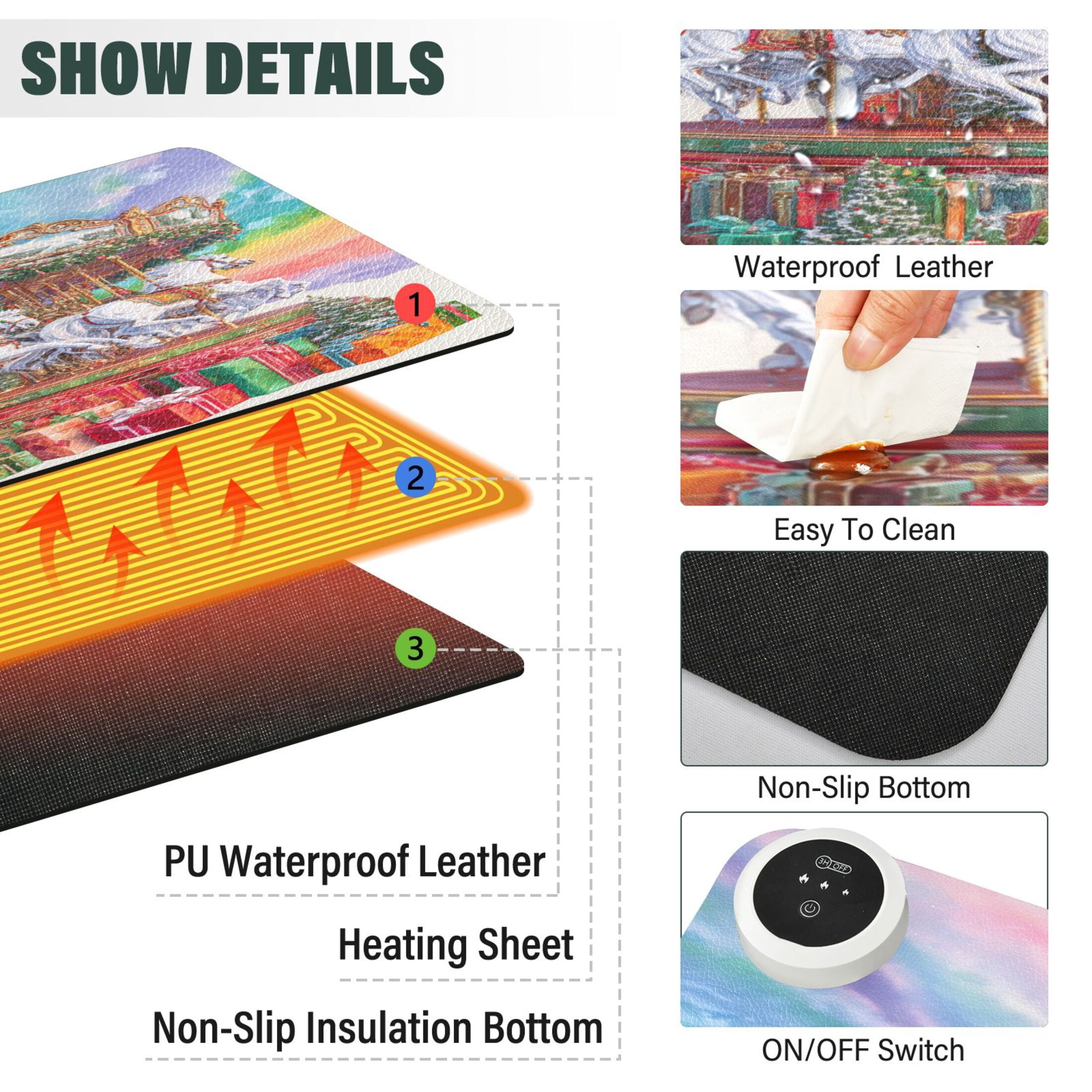 Large Heated Desk Mat Mouse Pad 31.5"x13"PU Leather Graphene Heating Desk Warmer with 3 Temperature Settings 110V US Plug Non-Slip Warm Pad for Home, Office, and Gaming Christmas Spinning White Horse