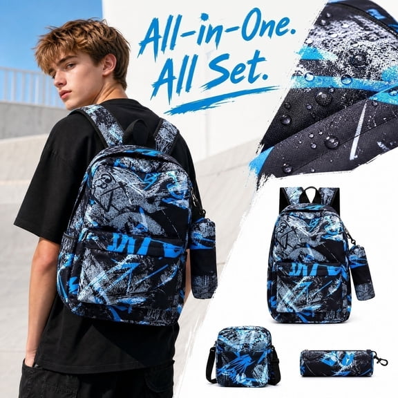 Back to School 3 in 1 Backpack Combo, Waterproof Graffiti Bookbag Includes Crossbody Purse & Pen Case, Lightweight Student Backpack for Classroom, Camping and Daily Use