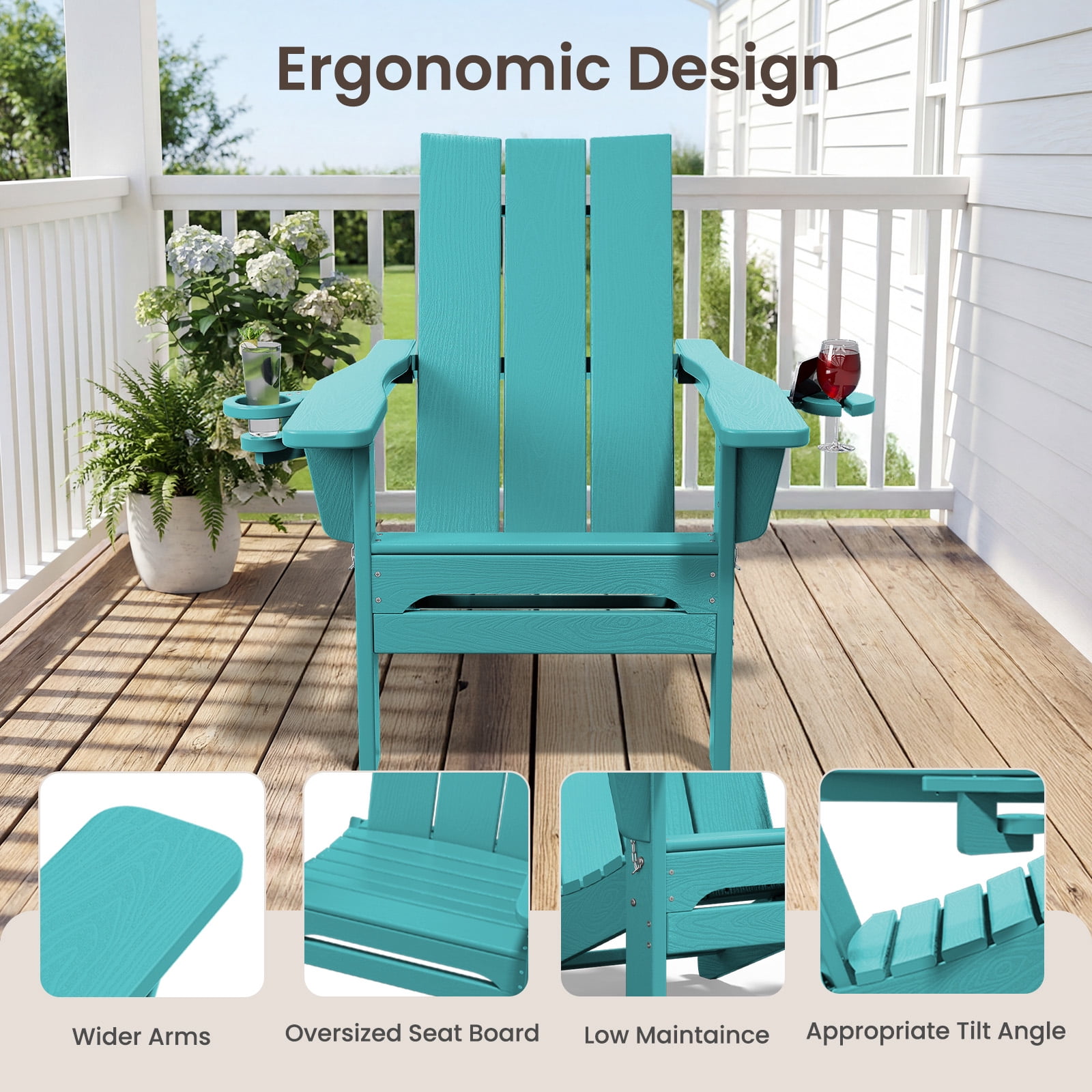 RIAFUN HDPE Foldable Adirondack Chair, Outdoor Patio Chair with 2 Cup Holders, Heavy Duty All-Weather Seating for Lawn,Porch,Deck,Backyard, Peacock Blue