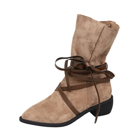 

Women Walking Shoes Ladies Fashion Solid Color Flock Strap Pointed Toe Chunky Heel Fashion Short Boots Ankle Boots for Women Flock Beige
