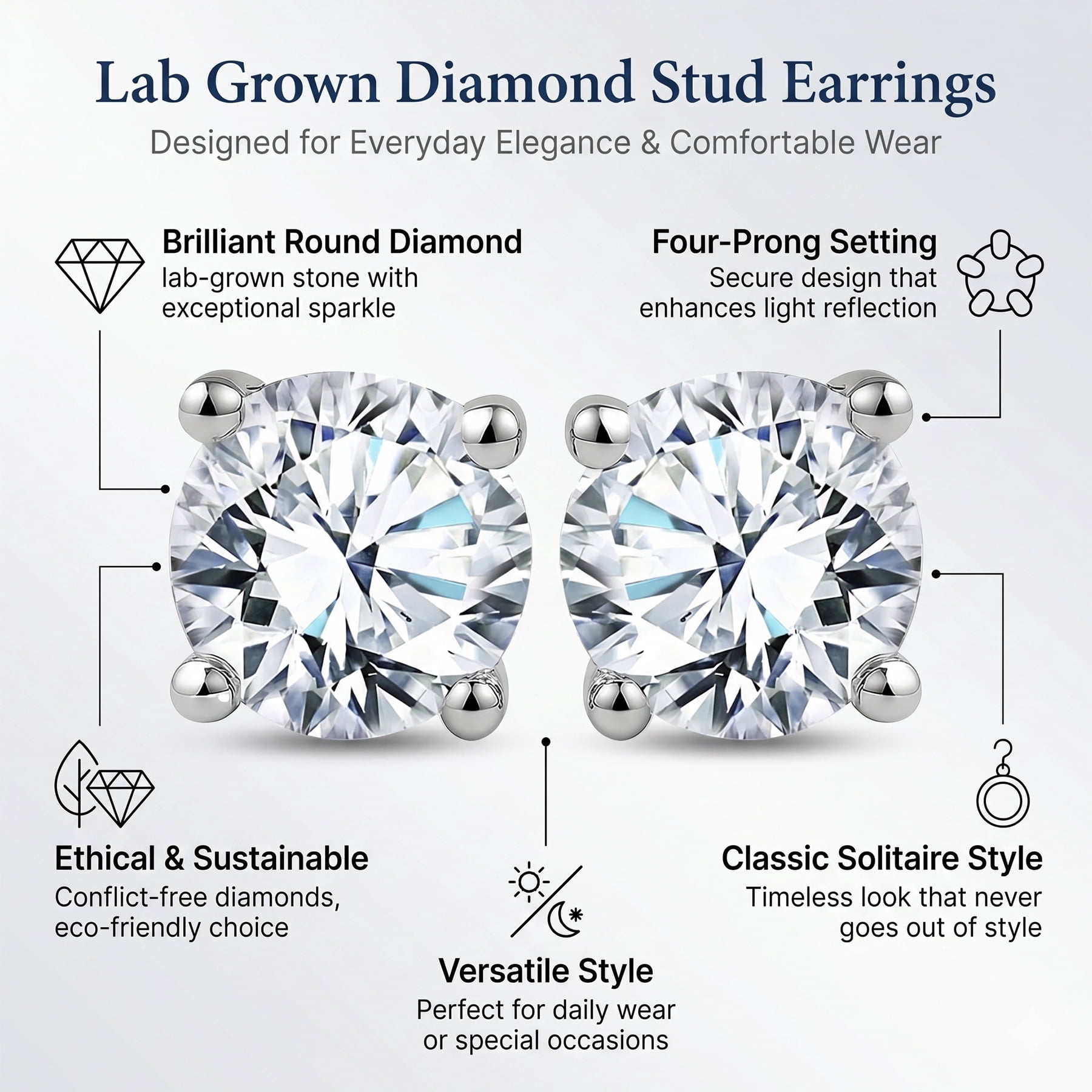 JeenMata Lab Grown Diamond Earrings 1 Carat Round Cut 18K White Gold Plated Solitaire Studs for Women