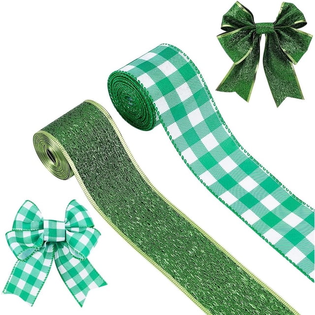 2 rollos de 6 yardas de cinta verde de poliéster para el Día de San Patricio, ideal para envolver regalos. Cinta verde con alambre. Cinta a cuadros verde y blanca estilo búfalo.