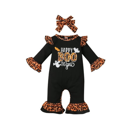 

Baby Girls Halloween Rompers Long Sleeve Letter Print Bell-Bottomed Jumpsuit One-Piece Outfits with Headband