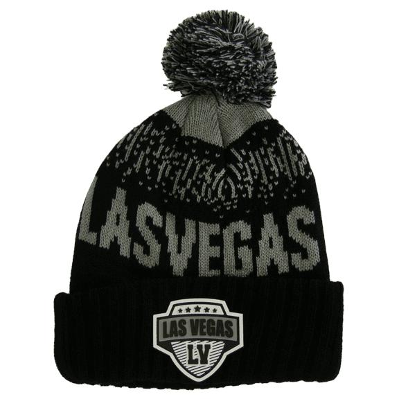 Las Vegas City Name Rubber Patch Ribbed Winter Knit Pom Beanie (Black/Gray)
