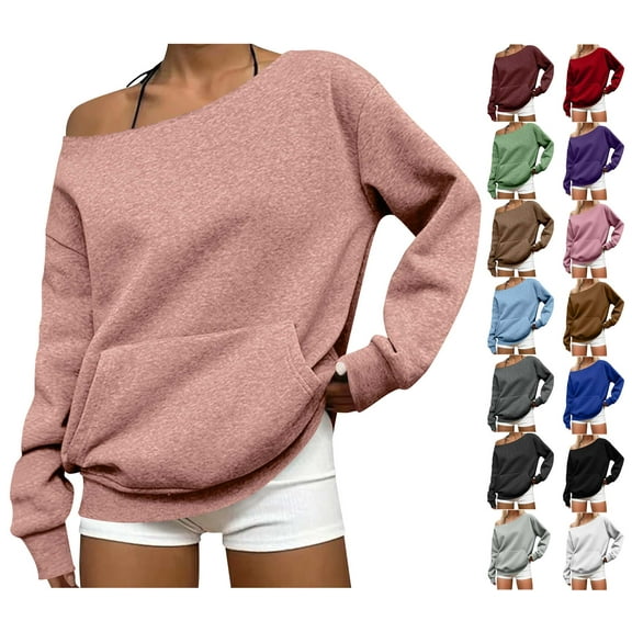 BiZtdJrK Trendy Sweatshirt for Women Off the Shoulder Long Sleeve Casual Sweatshirts Lightweight Fall Pullover Tops with Kangaroo Pocket Black XL