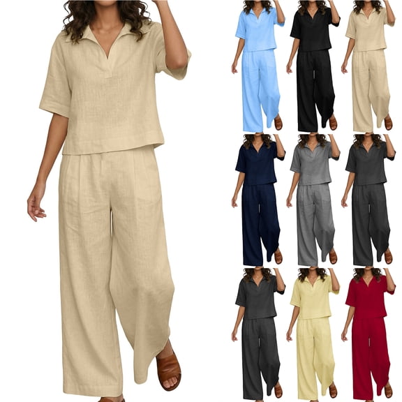 Bloomae Women's Linen 2 Piece Wide Leg Pant Set Lapel Collar V Neck Short Sleeve Tops and Elastic Waist Lounge Pants Lightweight Casual Solid Color Breathable Summer Outfits Beige L