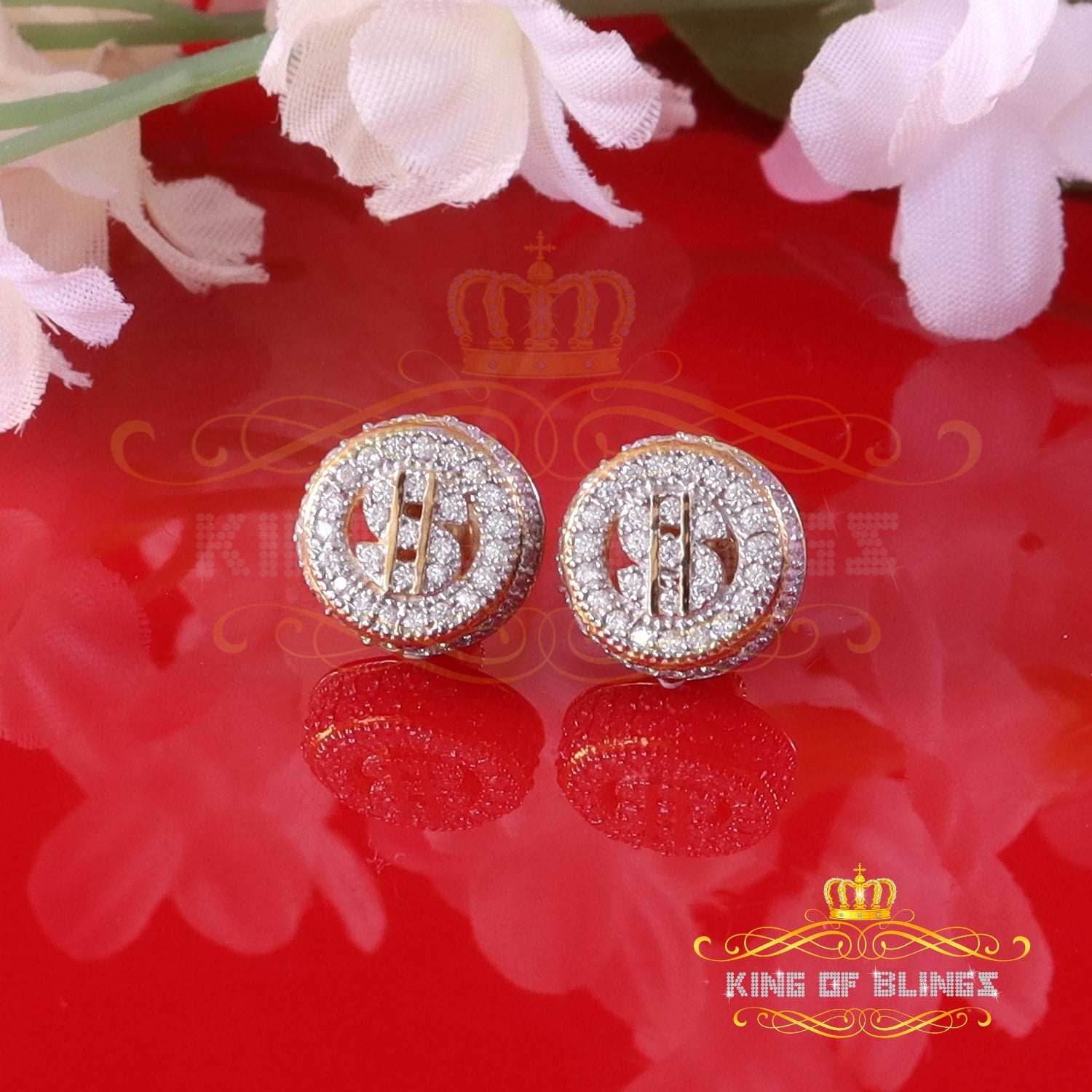 King of Bling's 925 Silver Yellow 1.00ct VVS 'D' Moissanite Dollar Sign Mens/Womens Stud Earring
