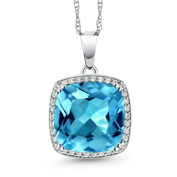 Gem Stone King 10K White Gold Swiss Blue Topaz and White Created Sapphire Pendant Necklace for Women (8.54 Cttw, Gemstone November Birthstone, Cushion Cut 12MM, with 18 inch Chain)