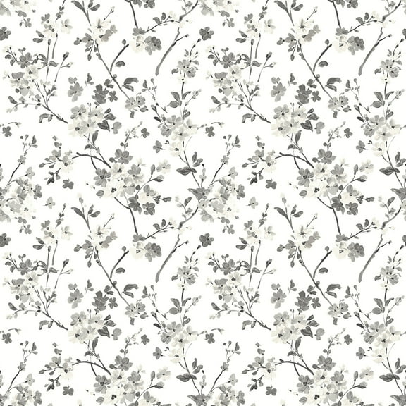 3122-10920 Glinda Black Floral Trail Wallpaper with Feminine Vintage Stylings in Black Gray White Colors Farmhouse Style Prepasted Acrylic Coated Paper