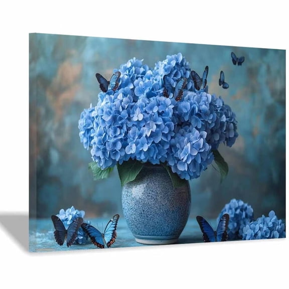 Mudket Blue Hydrangea Flower Canvas Wall Art, Butterfly Floral Wall Decor, Framed Botanical Artwork for Living Room Bedroom Bathroom, Ready to Hang Colorful Farmhouse Flower Print - 12"L x 8"W