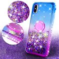 thumbnail image 2 of SOGA Rhinestone Liquid Float Quicksand Cover Cute Phone Case Compatible for Apple iPhone XR 6.1 inch Case with Embedded Metal Diamond Ring for Magnetic Car Mounts and Lanyard - Purple on Blue, 2 of 5