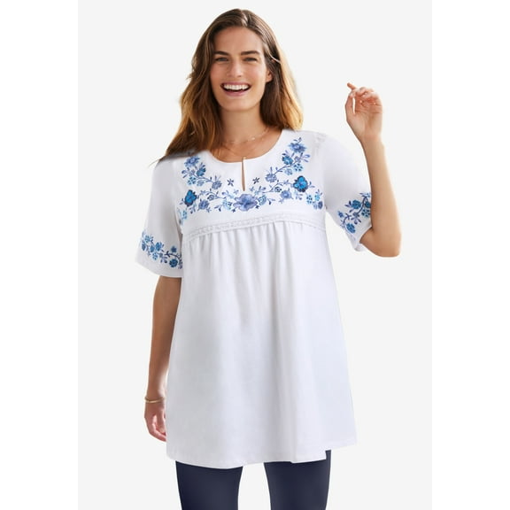 Woman Within Plus Size Embroidered Split-Neck Tunic
