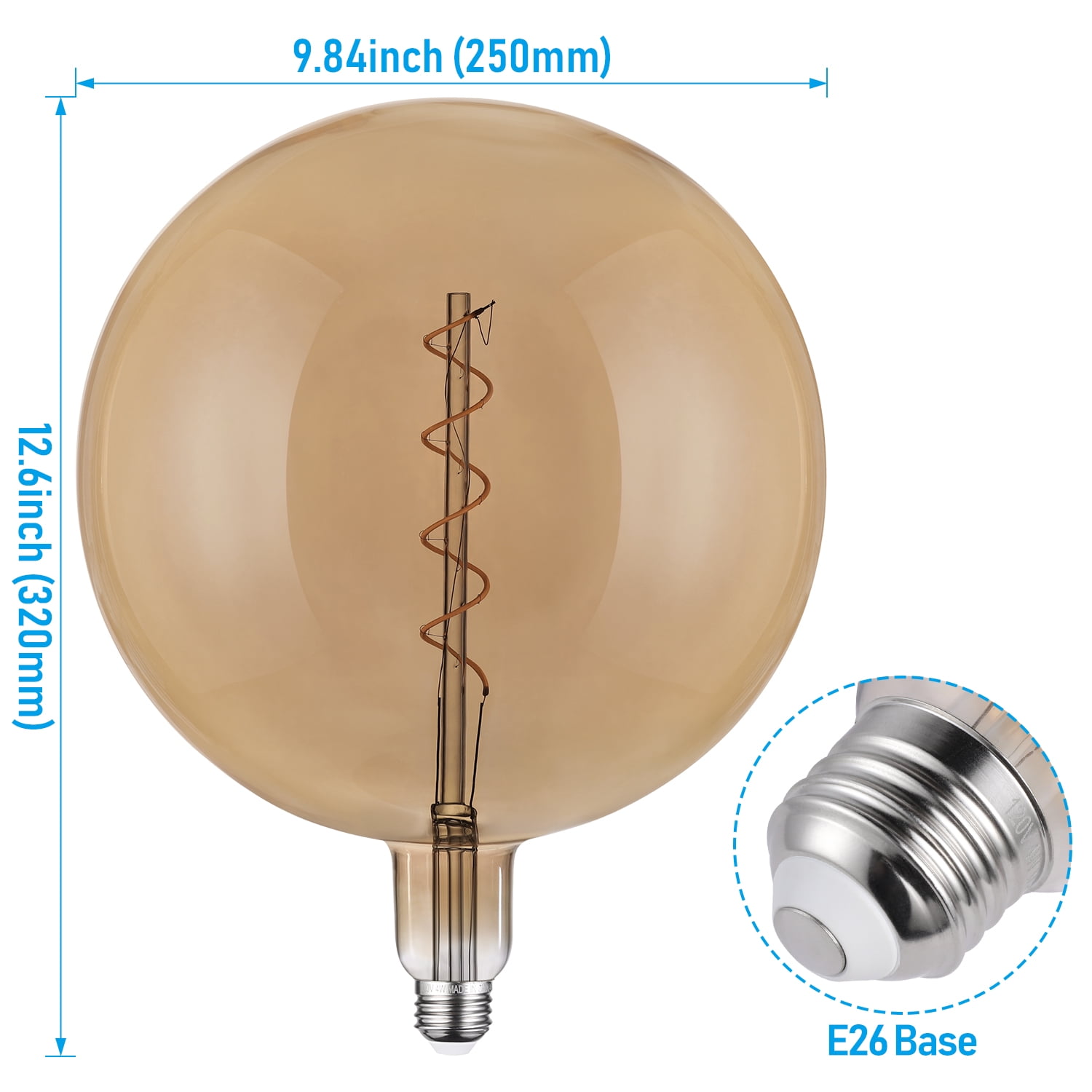 2 Pack LED Globe Decorative Light Bulb 4W, 9.84“ Dia. Ultra-large Round Edison Bulbs Dimmable, 20W Equivalent, Flexible Spiral LED Filament Bulb, E26 Base, 2200K Amber Warm